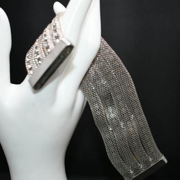 Vintage Wide Rhinestone Silver Tone Bracelet, Magnetic Clasp, 7 1/2 Inches - Picture 4 of 7